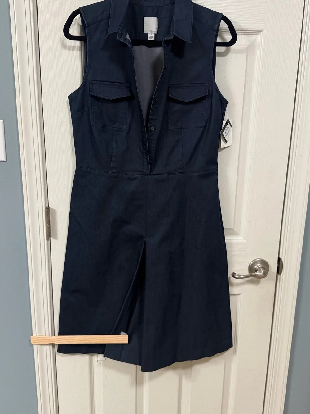 Sleeveless Denim Blue Dress Front Pleated Office Wear Career Cocktail - Picture 7 of 16